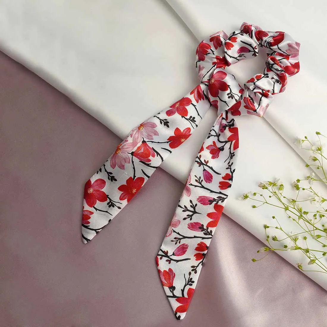 Ferosh Red Floral Long Tail Scrunchie