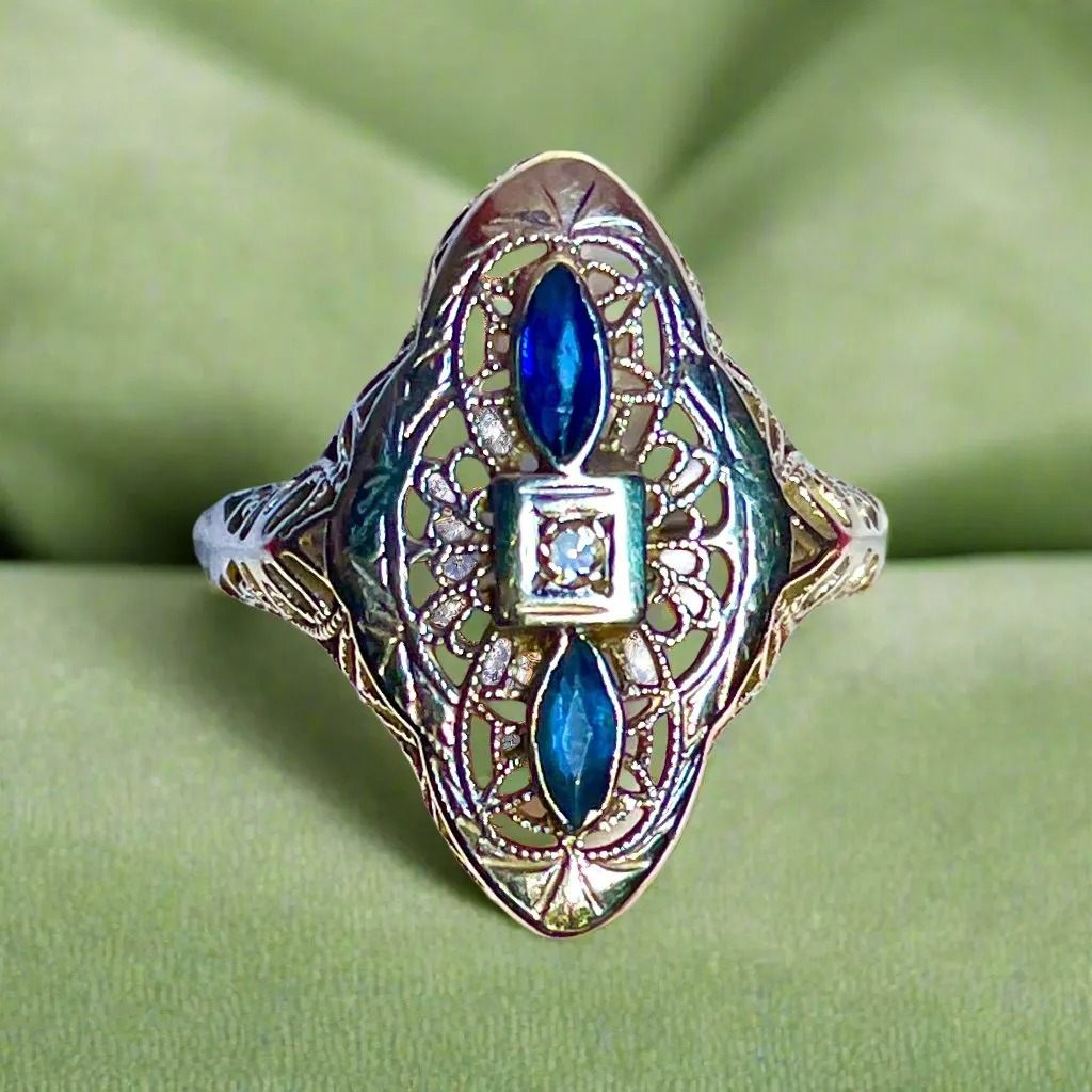 Filagree Art Deco Ring, 14kwg Two Small Marquis Sapphires and Small Accent Diamond 6.5