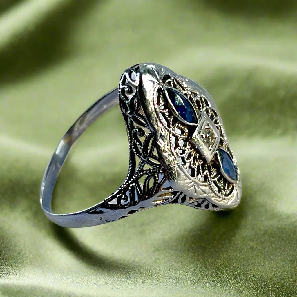 Filagree Art Deco Ring, 14kwg Two Small Marquis Sapphires and Small Accent Diamond 6.5