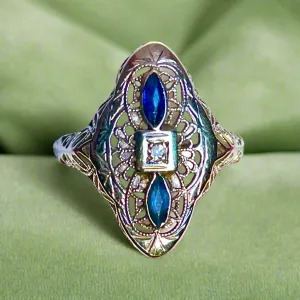 Filagree Art Deco Ring, 14kwg Two Small Marquis Sapphires and Small Accent Diamond 6.5