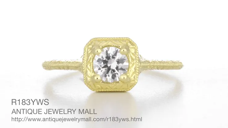 Filigree Scrolls Engraved White Sapphire Engagement Ring in 14 Karat Yellow Gold