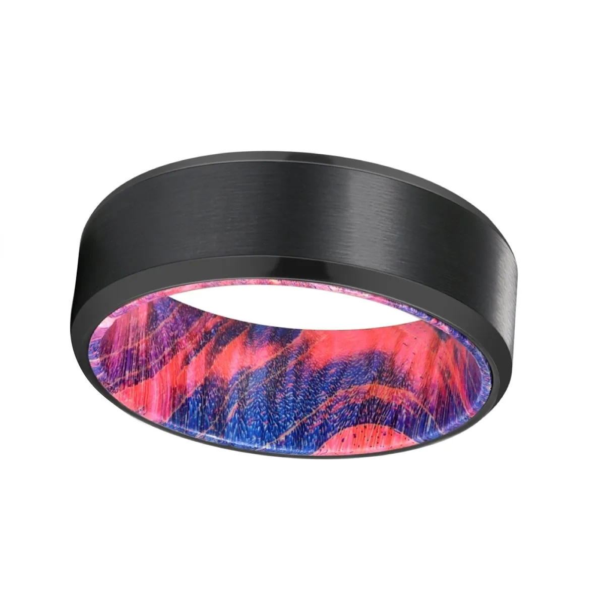 FLAME | Blue and Red Wood, Black Tungsten Ring, Brushed, Beveled