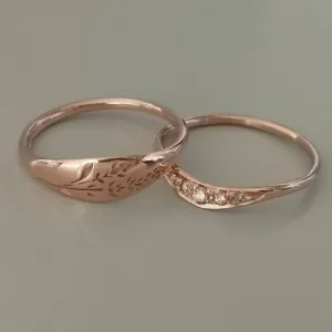 Floral wedding band set, rose gold and Cognac diamonds engagement ring, unique engagement and wedding ring set