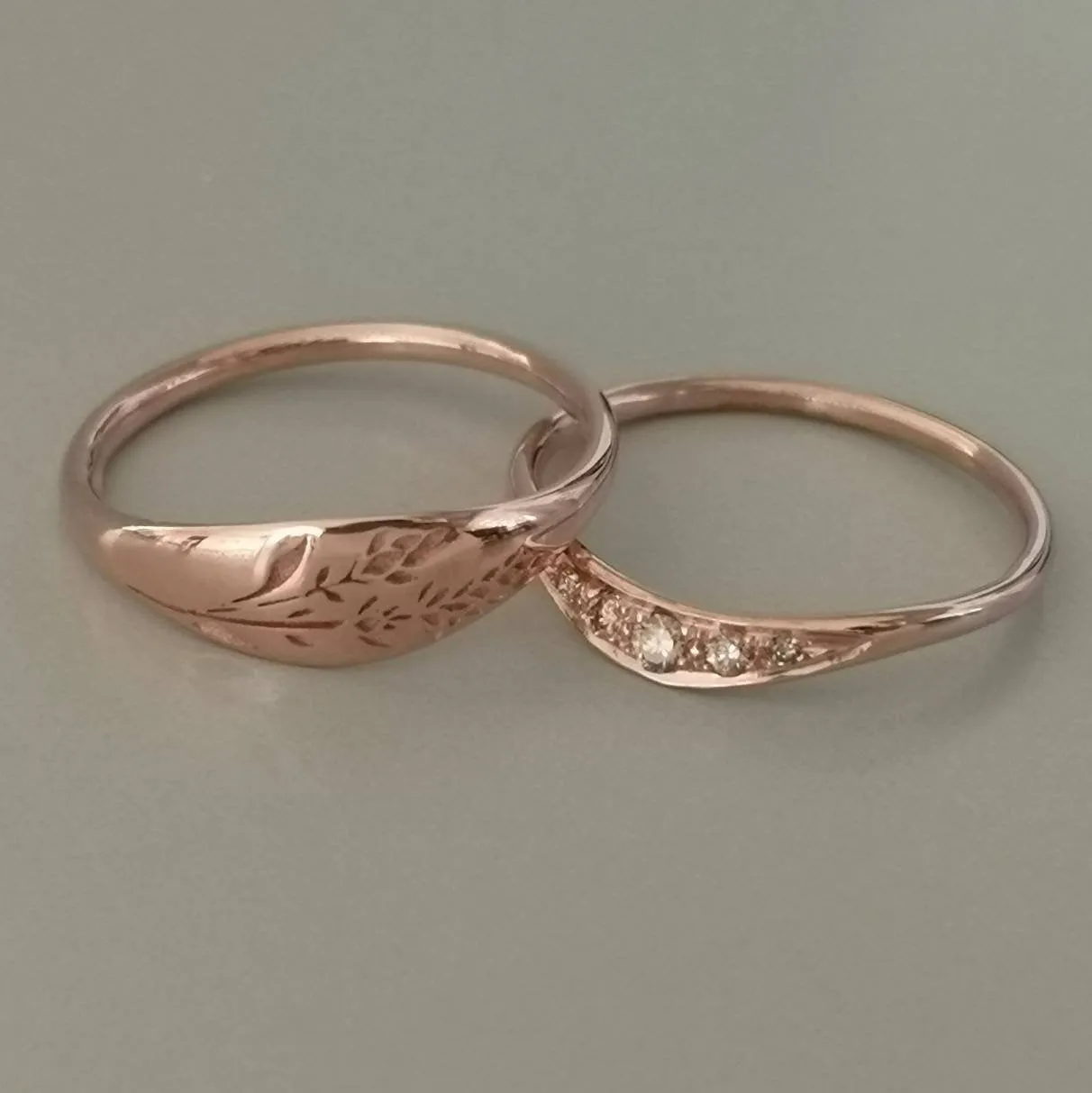 Floral wedding band set, rose gold and Cognac diamonds engagement ring, unique engagement and wedding ring set