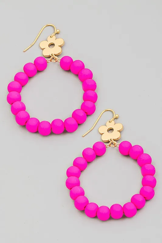 Flower Accent Clay Bead Dangle Earrings - Hot Pink