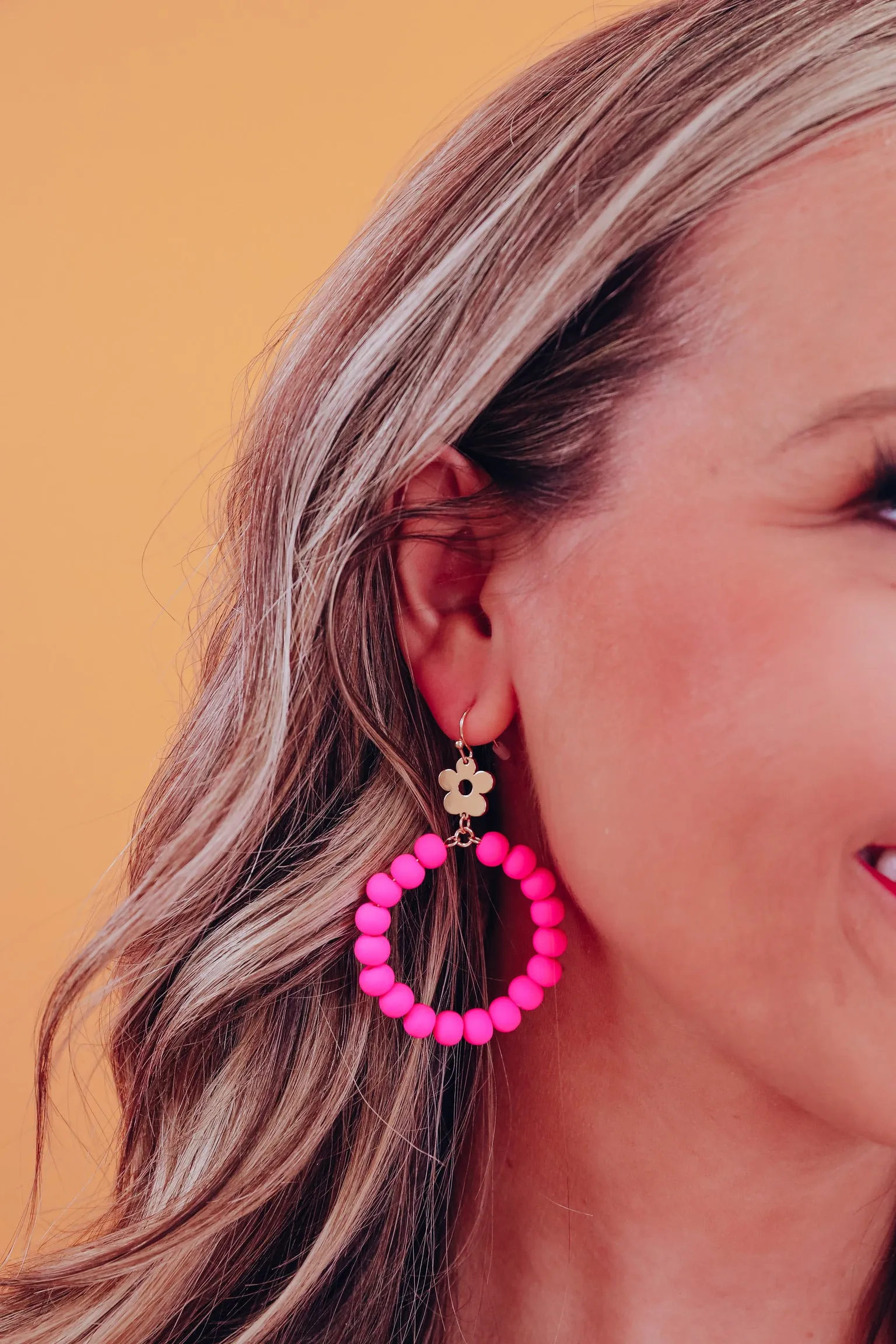 Flower Accent Clay Bead Dangle Earrings - Hot Pink