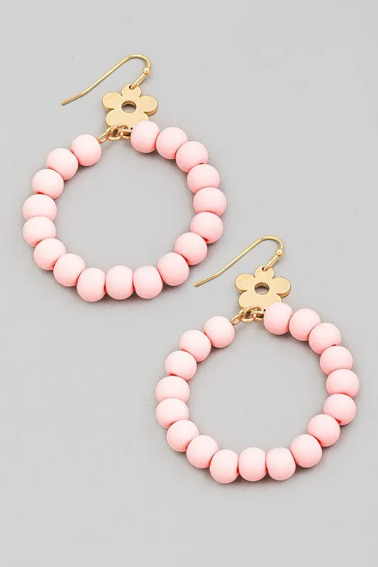 Flower Accent Clay Bead Dangle Earrings - Light Pink