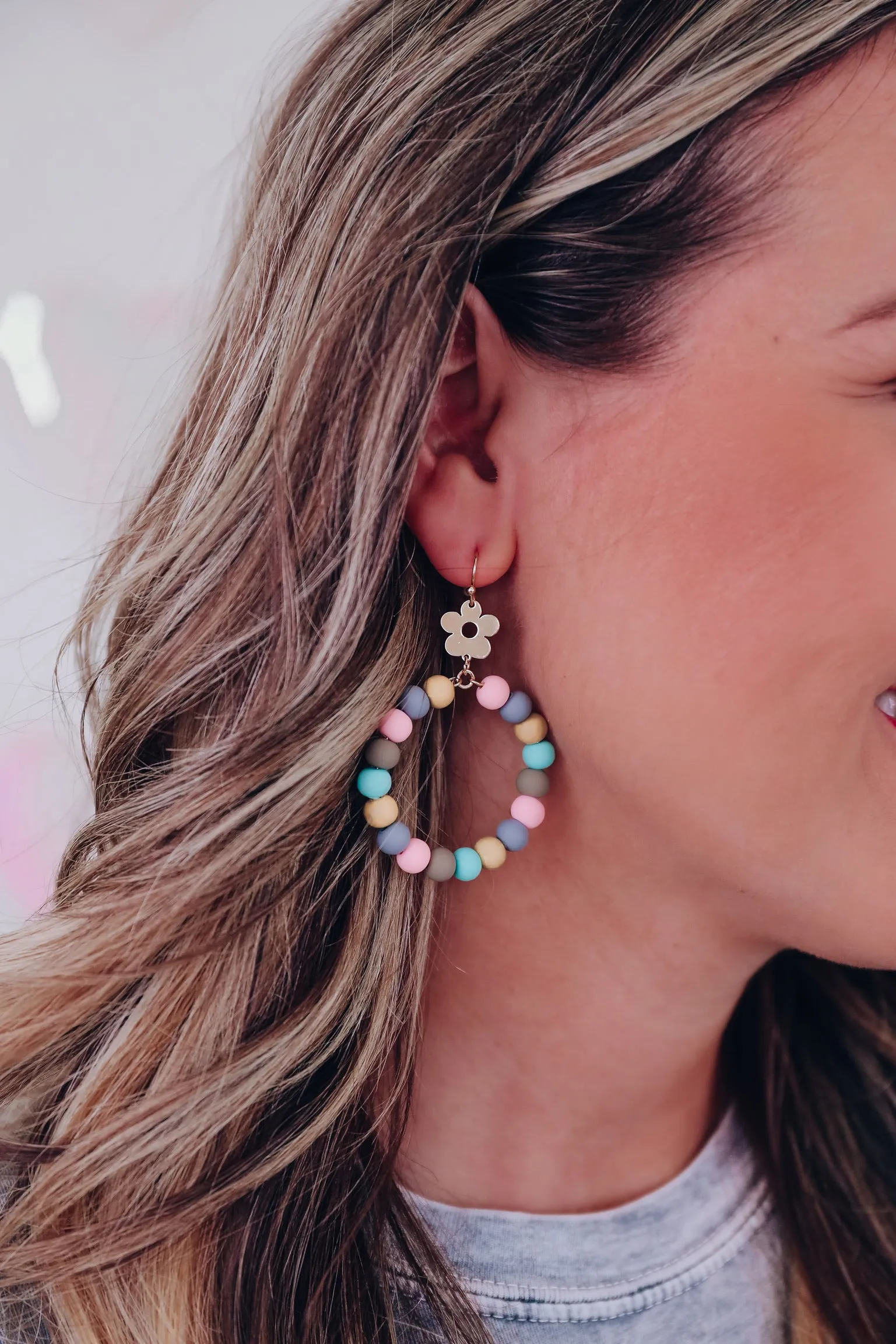 Flower Accent Clay Bead Dangle Earrings - Multi