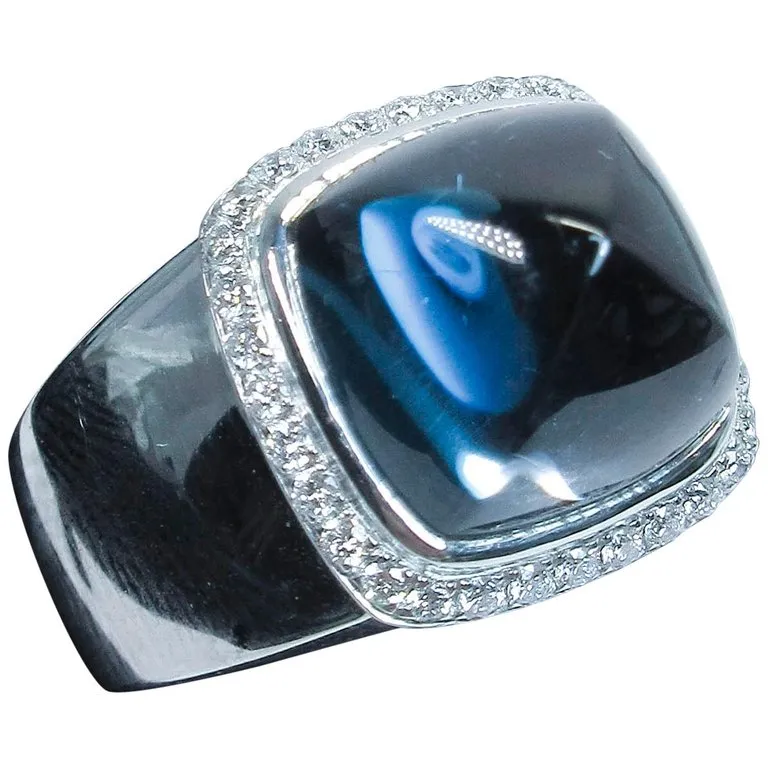 FRED Diamond Ring Sugar Loaf Topaz 18 Karat White Gold Size 7