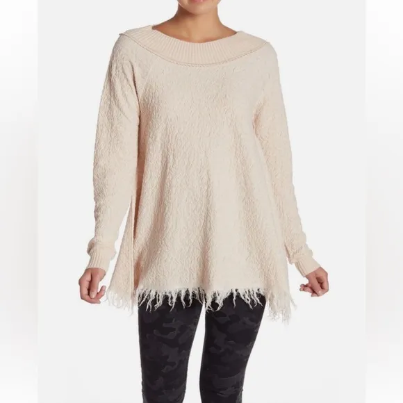 Free People Broken Glass Tunic Pullover Fringe Hem Crinkle Detail Sweater Dress