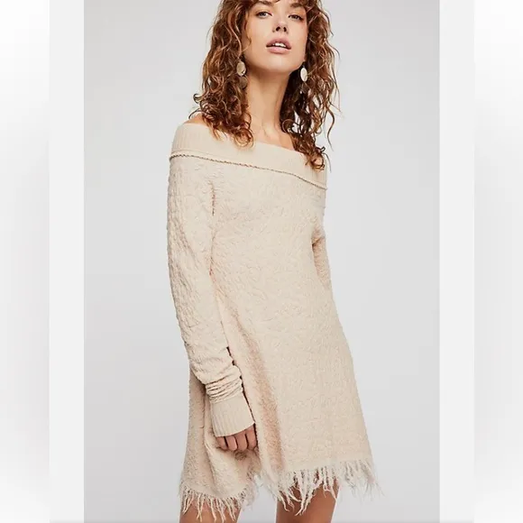 Free People Broken Glass Tunic Pullover Fringe Hem Crinkle Detail Sweater Dress