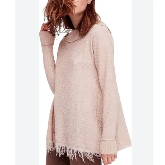 Free People Broken Glass Tunic Pullover Fringe Hem Crinkle Detail Sweater Dress