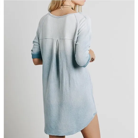 Free People Powder Blue Ombrè Fade Linen Blend Sweatshirt Mini Dress Tunic Top
