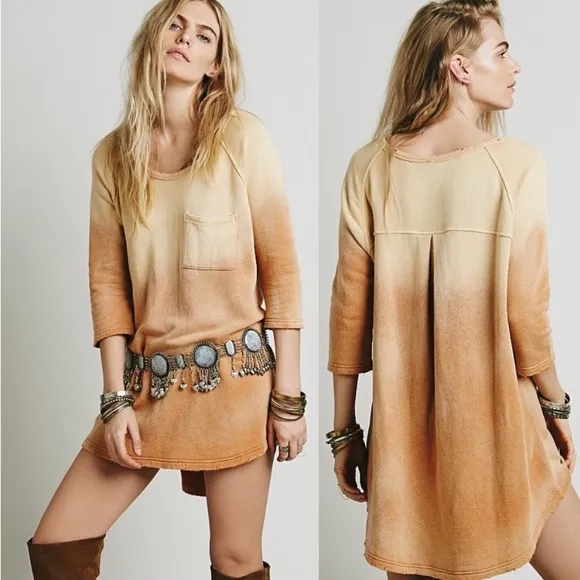 Free People Powder Blue Ombrè Fade Linen Blend Sweatshirt Mini Dress Tunic Top