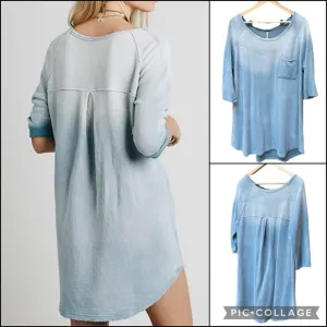 Free People Powder Blue Ombrè Fade Linen Blend Sweatshirt Mini Dress Tunic Top