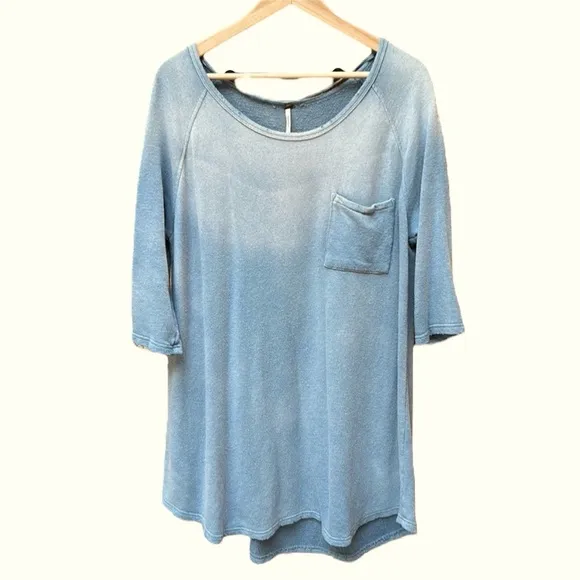 Free People Powder Blue Ombrè Fade Linen Blend Sweatshirt Mini Dress Tunic Top