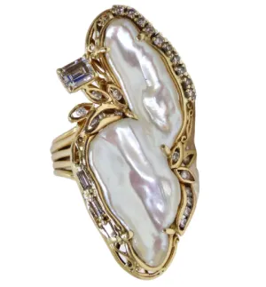 Freshwater Pearl & Emerald Diamond Ring