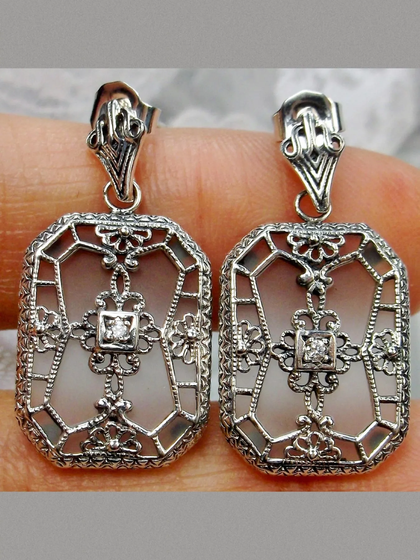 Frosted Camphor Glass Earrings, Stained Glass Art Deco 1930's Revival Jewelry #E203