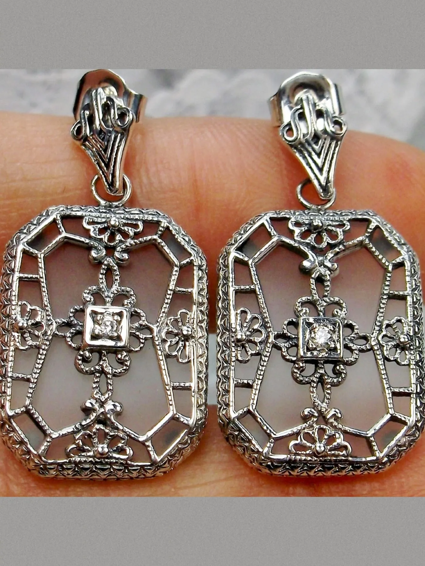 Frosted Camphor Glass Earrings, Stained Glass Art Deco 1930's Revival Jewelry #E203