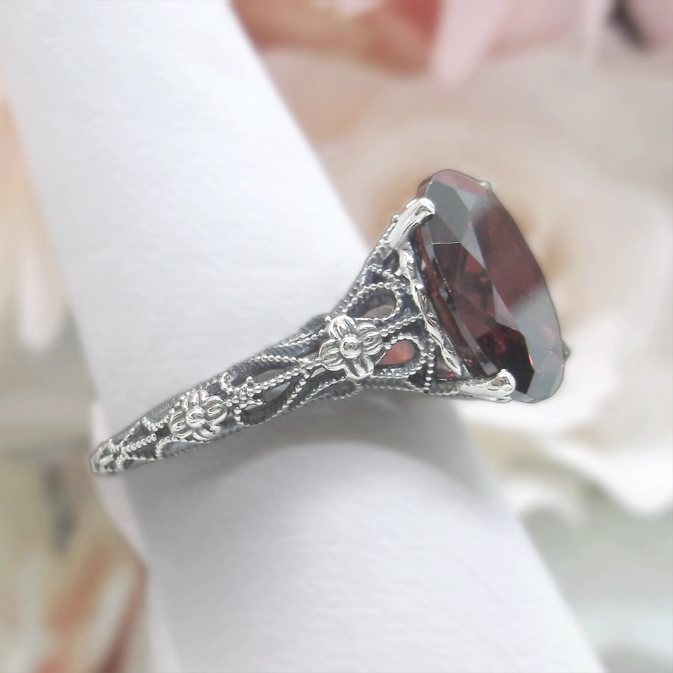 Garnet Ring, Medieval Floral Filigree, Oval CZ Gem, Vintage Jewelry, D173