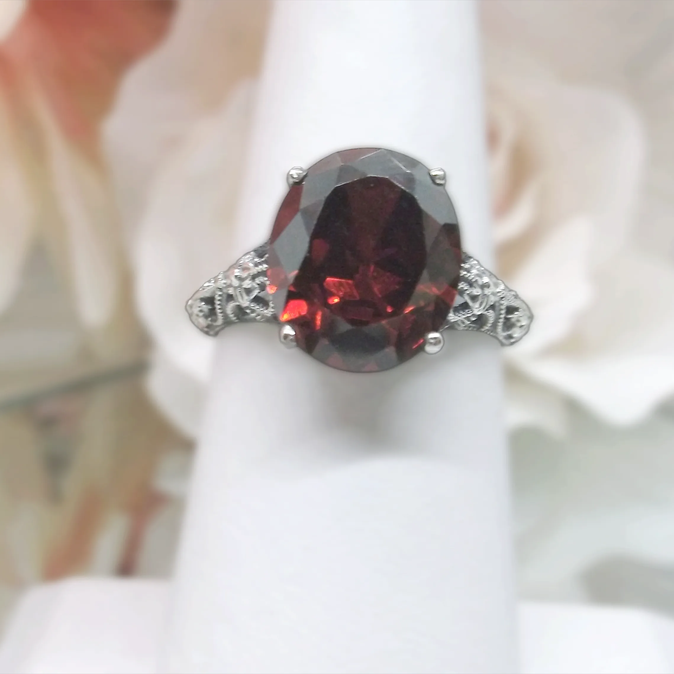 Garnet Ring, Medieval Floral Filigree, Oval CZ Gem, Vintage Jewelry, D173