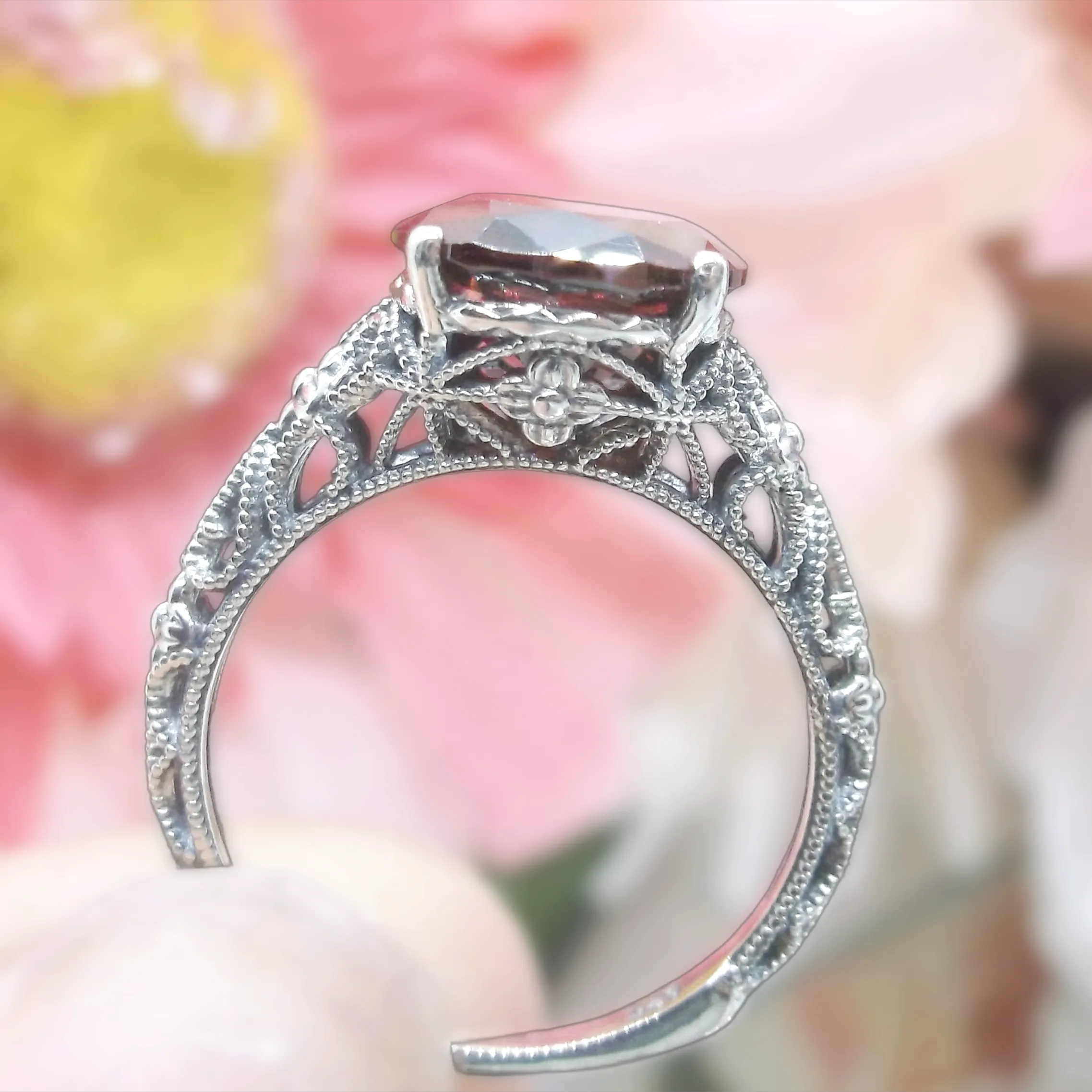 Garnet Ring, Medieval Floral Filigree, Oval CZ Gem, Vintage Jewelry, D173