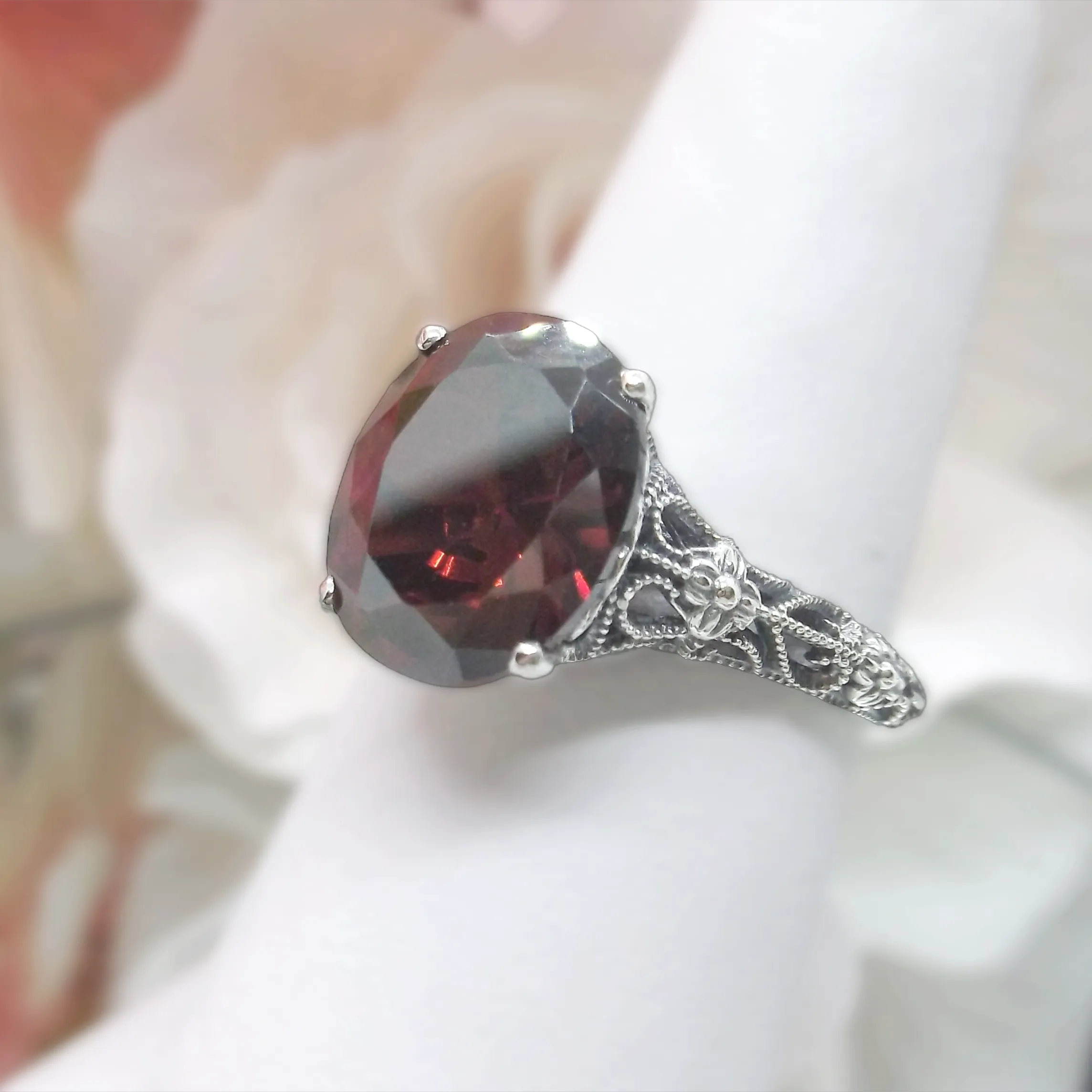 Garnet Ring, Medieval Floral Filigree, Oval CZ Gem, Vintage Jewelry, D173