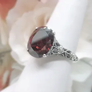 Garnet Ring, Medieval Floral Filigree, Oval CZ Gem, Vintage Jewelry, D173