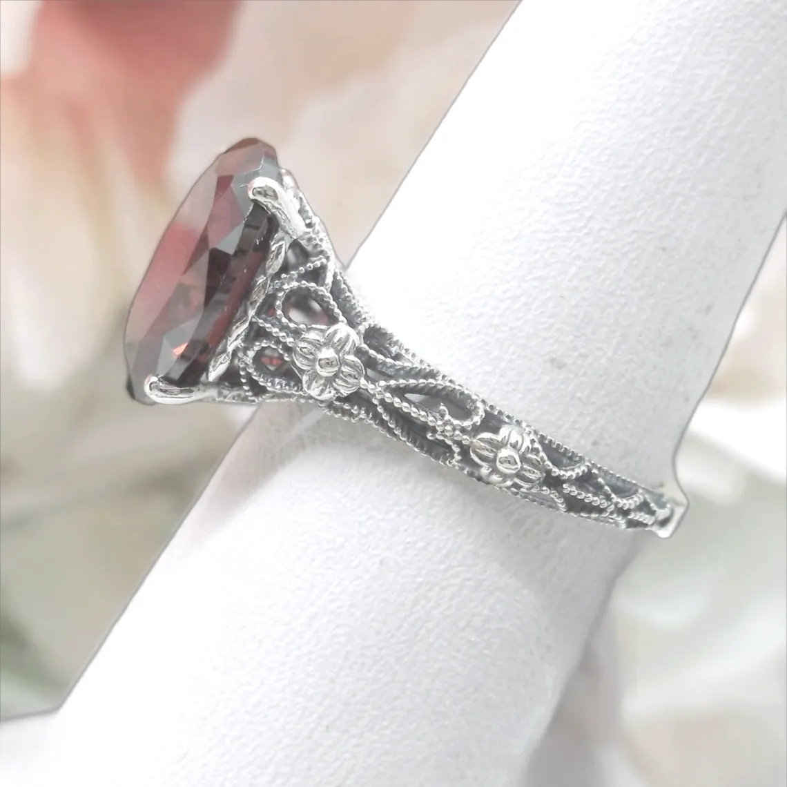 Garnet Ring, Medieval Floral Filigree, Oval CZ Gem, Vintage Jewelry, D173