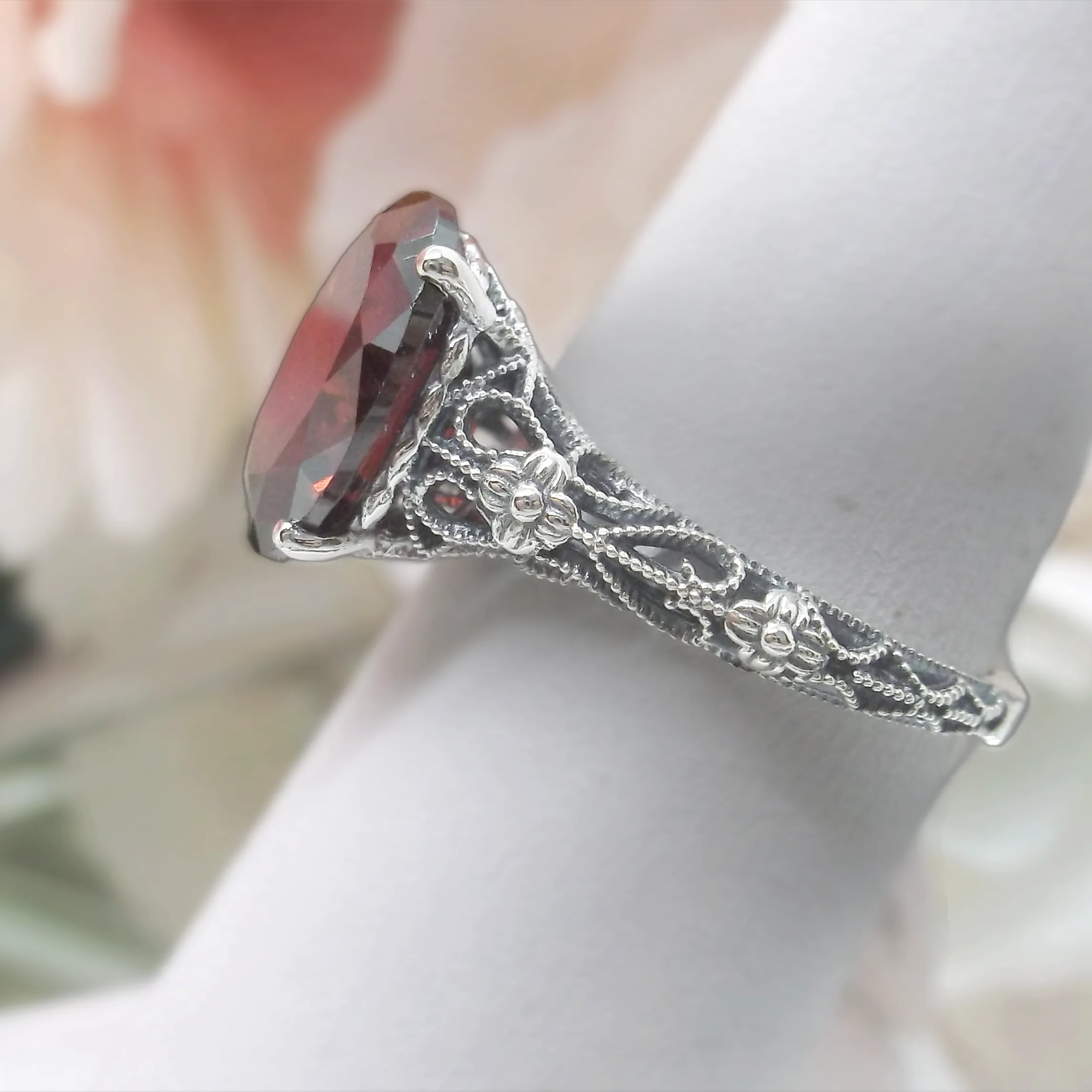 Garnet Ring, Medieval Floral Filigree, Oval CZ Gem, Vintage Jewelry, D173