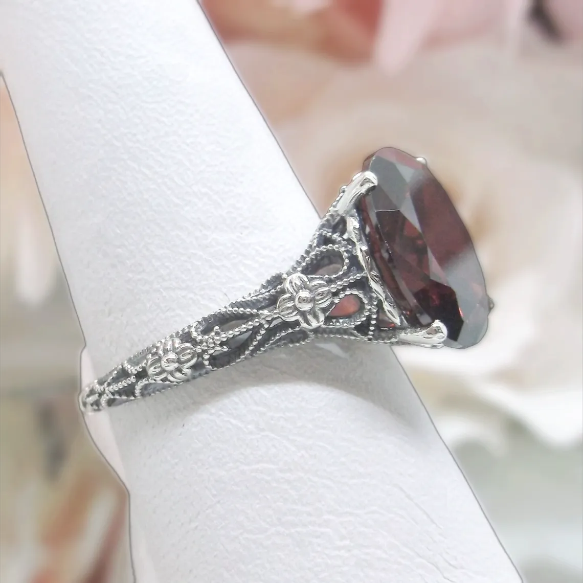 Garnet Ring, Medieval Floral Filigree, Oval CZ Gem, Vintage Jewelry, D173
