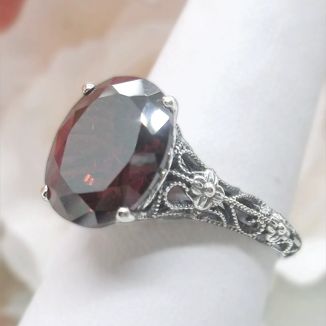 Garnet Ring, Medieval Floral Filigree, Oval CZ Gem, Vintage Jewelry, D173