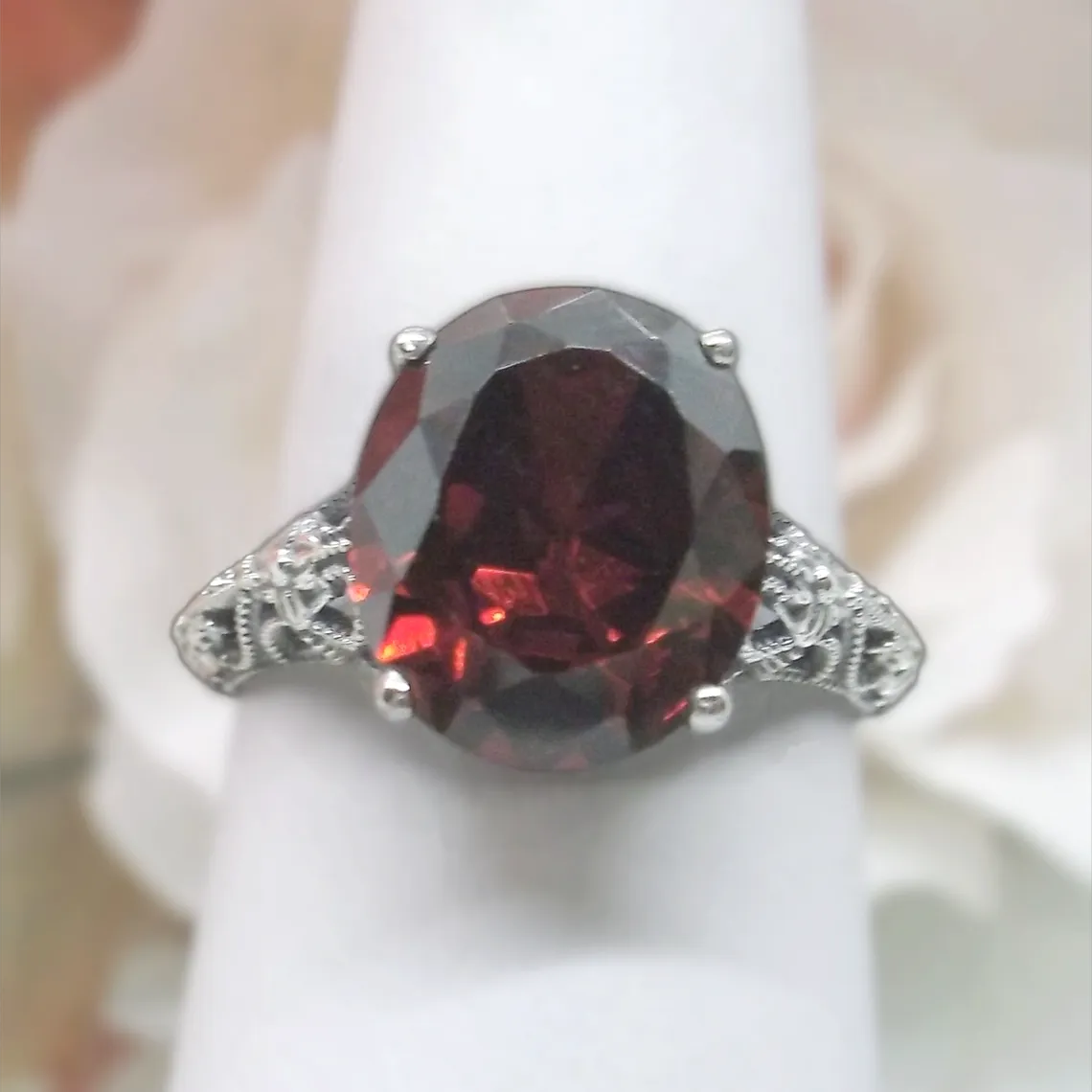 Garnet Ring, Medieval Floral Filigree, Oval CZ Gem, Vintage Jewelry, D173