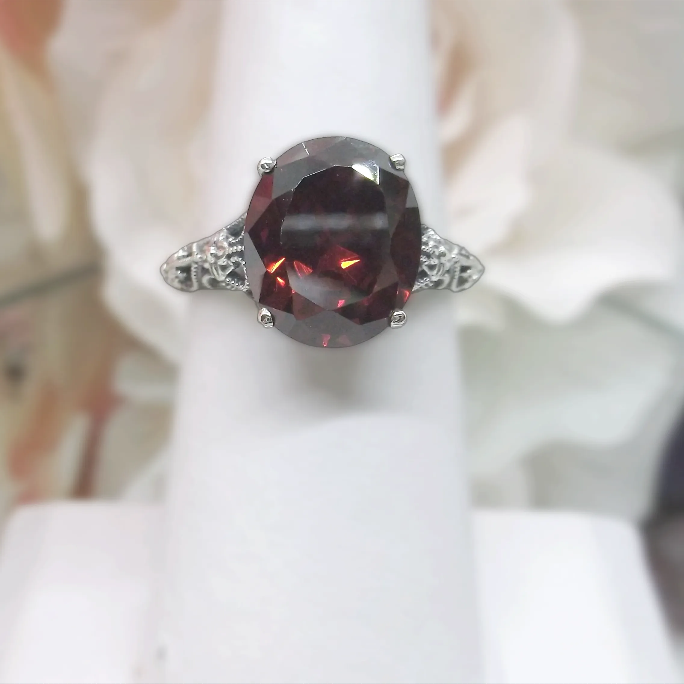Garnet Ring, Medieval Floral Filigree, Oval CZ Gem, Vintage Jewelry, D173