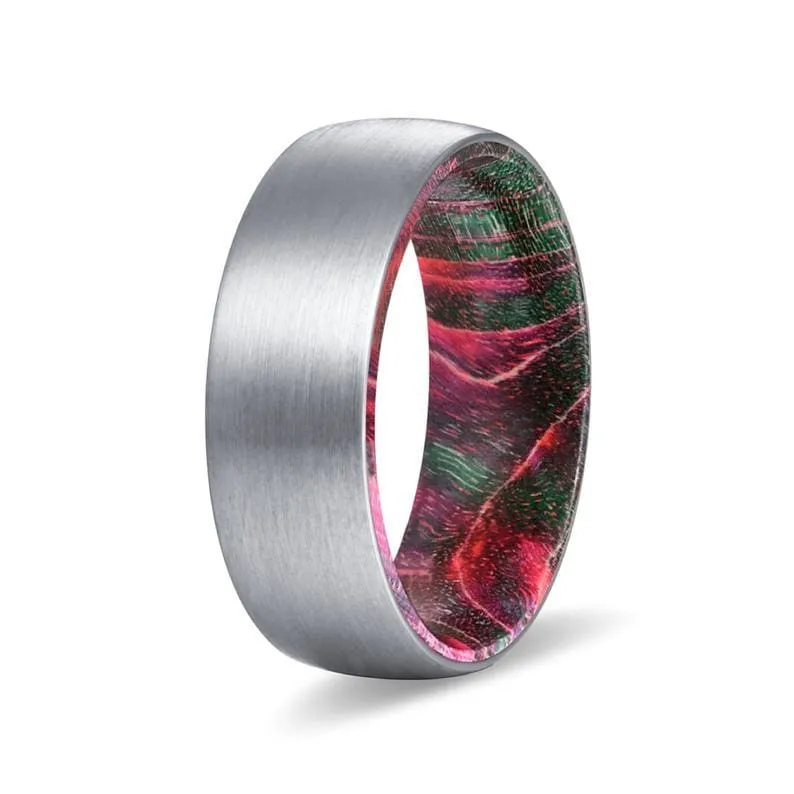GENT Men's Domed Tungsten Ring with Red & Green Box Elder Wood Sleeve 8mm