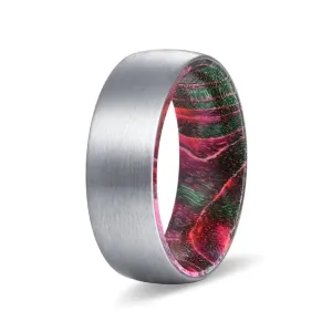 GENT Men's Domed Tungsten Ring with Red & Green Box Elder Wood Sleeve 8mm