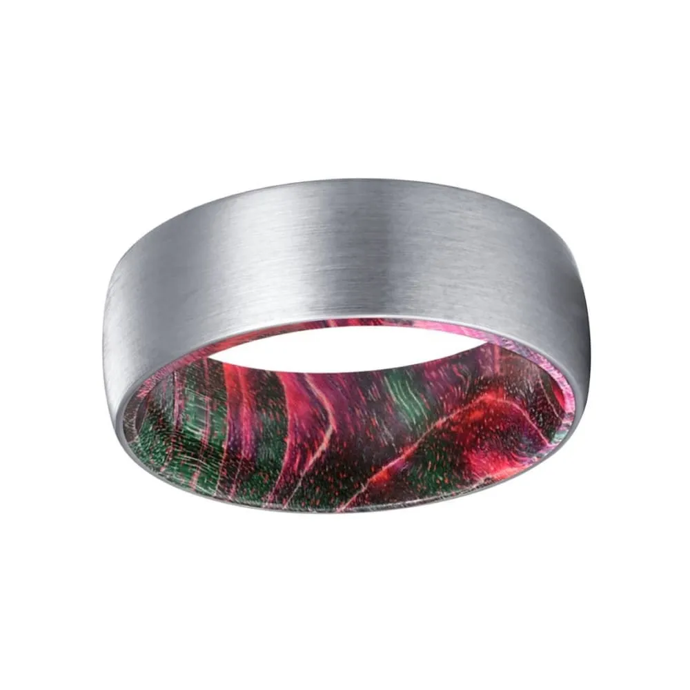 GENT Men's Domed Tungsten Ring with Red & Green Box Elder Wood Sleeve 8mm