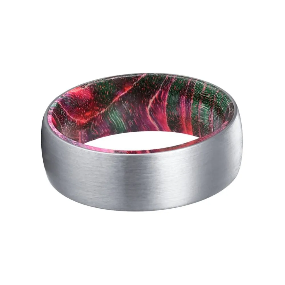 GENT Men's Domed Tungsten Ring with Red & Green Box Elder Wood Sleeve 8mm