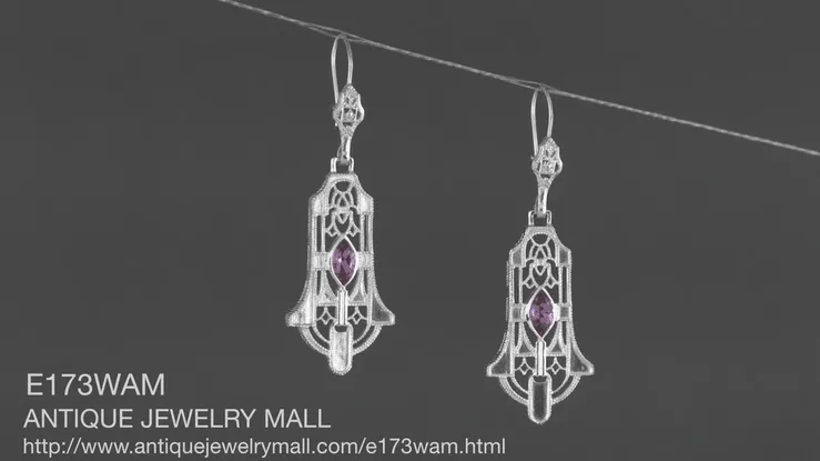Geometric Amethyst Dangling Sterling Silver Filigree Art Deco Earrings