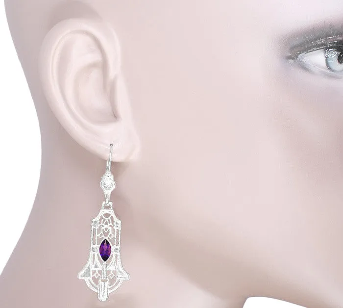 Geometric Amethyst Dangling Sterling Silver Filigree Art Deco Earrings