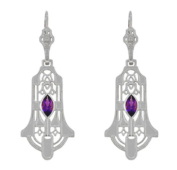Geometric Amethyst Dangling Sterling Silver Filigree Art Deco Earrings