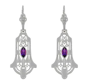 Geometric Amethyst Dangling Sterling Silver Filigree Art Deco Earrings