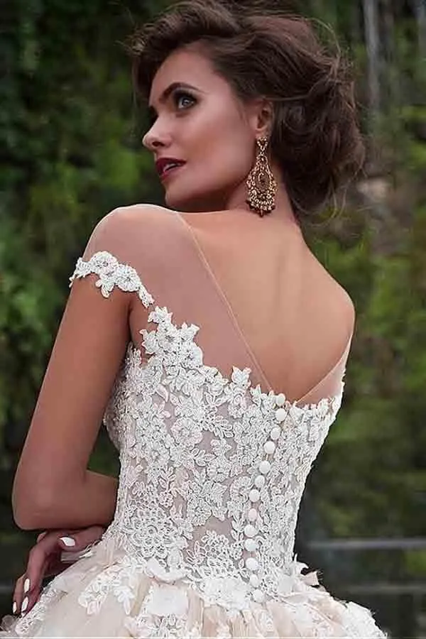 Gorgeous Ball Gown Cap Sleeves Wedding Dresses With Lace Appliques, MW993
