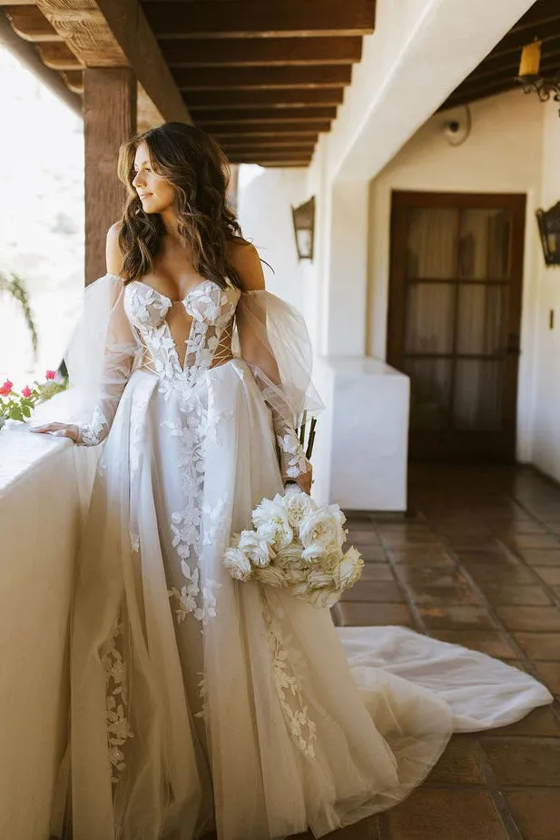 Gorgeous Ball Gown Off the Shoulder Tulle Beach Wedding Dress N120