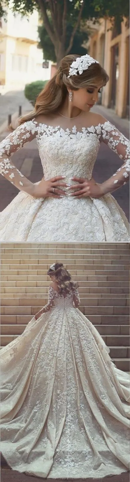 Gorgeous Crystal Appliques Tulle Long Sleeves Wedding Dresses WD0346