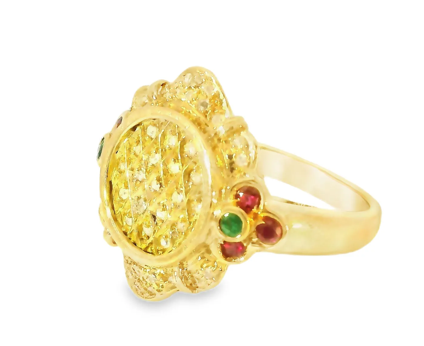 Gorgeous Etruscan Estate 14K Yellow Gold Pave Diamond Ruby Emerald Ring