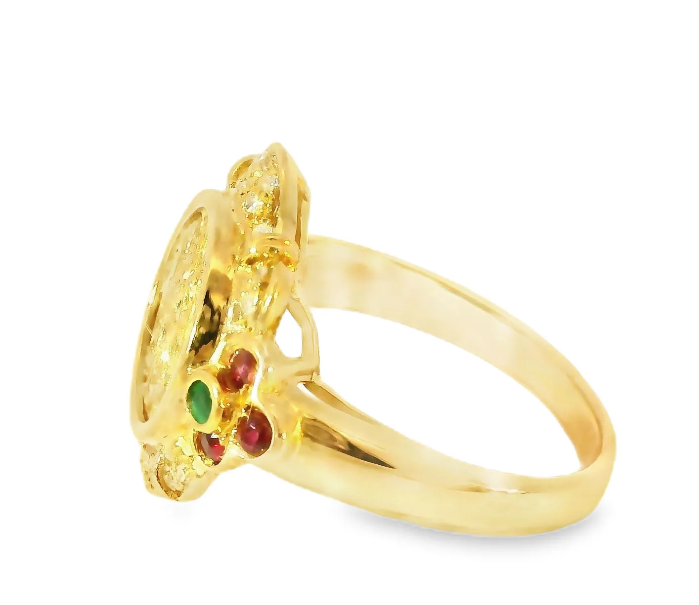Gorgeous Etruscan Estate 14K Yellow Gold Pave Diamond Ruby Emerald Ring