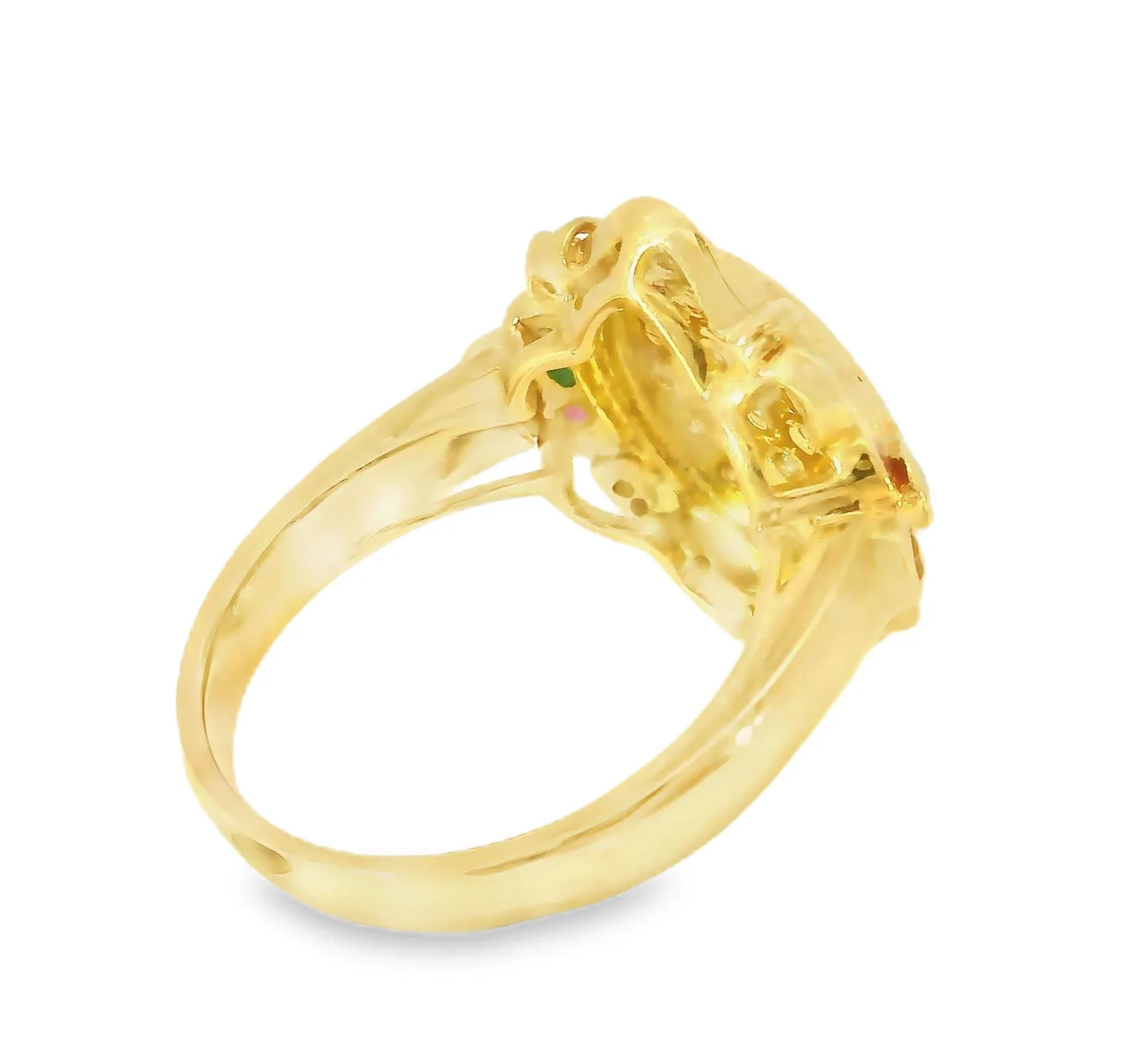 Gorgeous Etruscan Estate 14K Yellow Gold Pave Diamond Ruby Emerald Ring