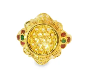 Gorgeous Etruscan Estate 14K Yellow Gold Pave Diamond Ruby Emerald Ring
