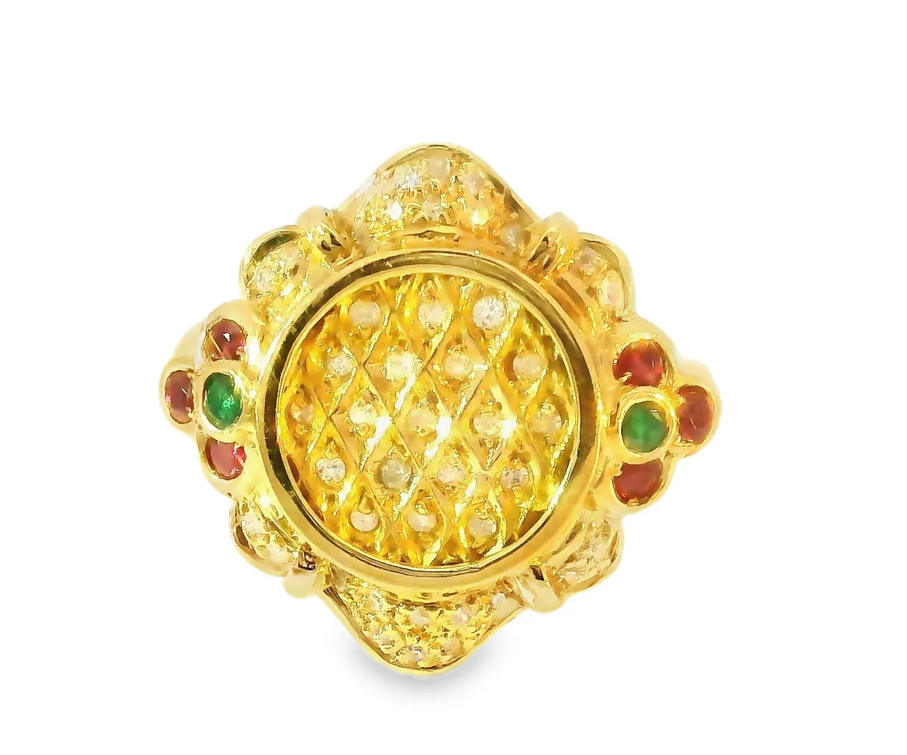 Gorgeous Etruscan Estate 14K Yellow Gold Pave Diamond Ruby Emerald Ring